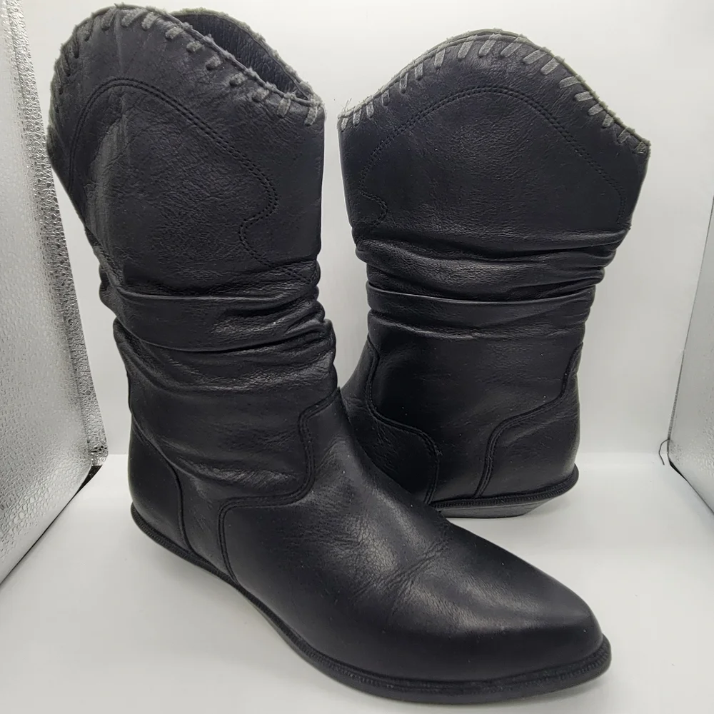 ZODIAC 675 BULLETT 6 M BLACK LEATHER SLOUCHY COWBOY BOOTS LADIES Vintage - Picture 2 of 13